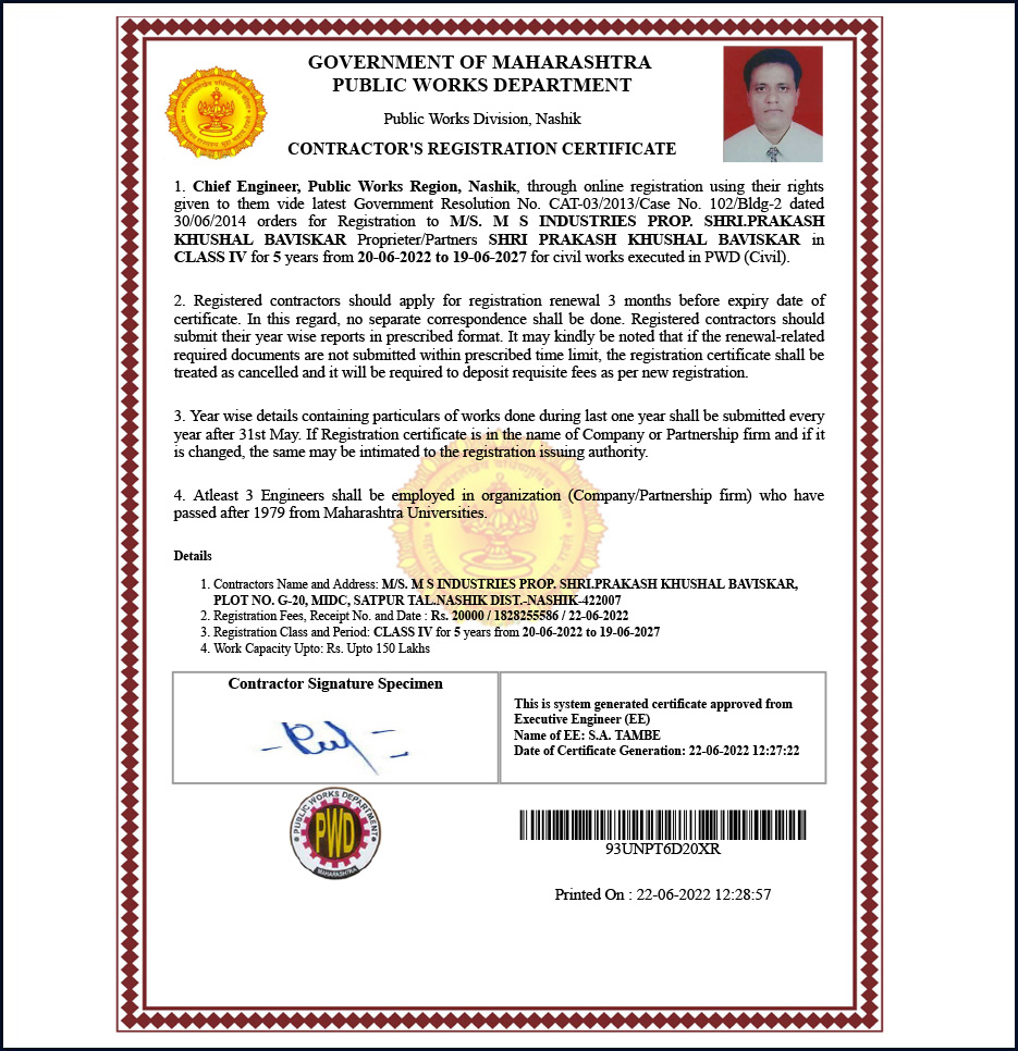 M.S. Industries - PWD Registration Certificate